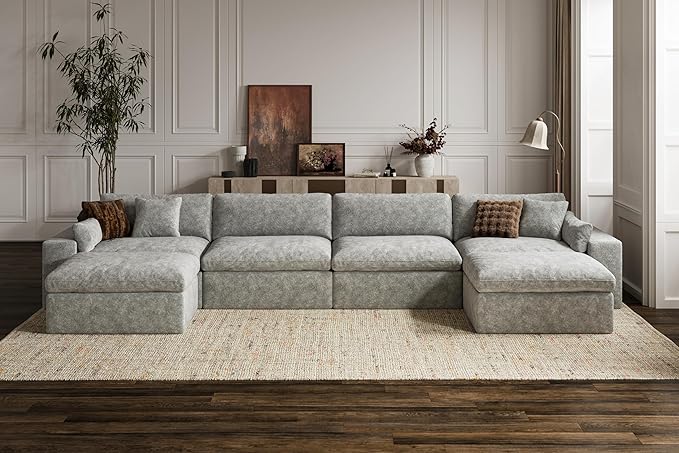 160'' Oversized Boneless Sectional Couches for Living Room, Deepseat Boneless Cloud Modular Sectional Sofa with Ottoman, No Assembly Required L-Shape Cloud Sofa, Plush Fabric, Light Gray