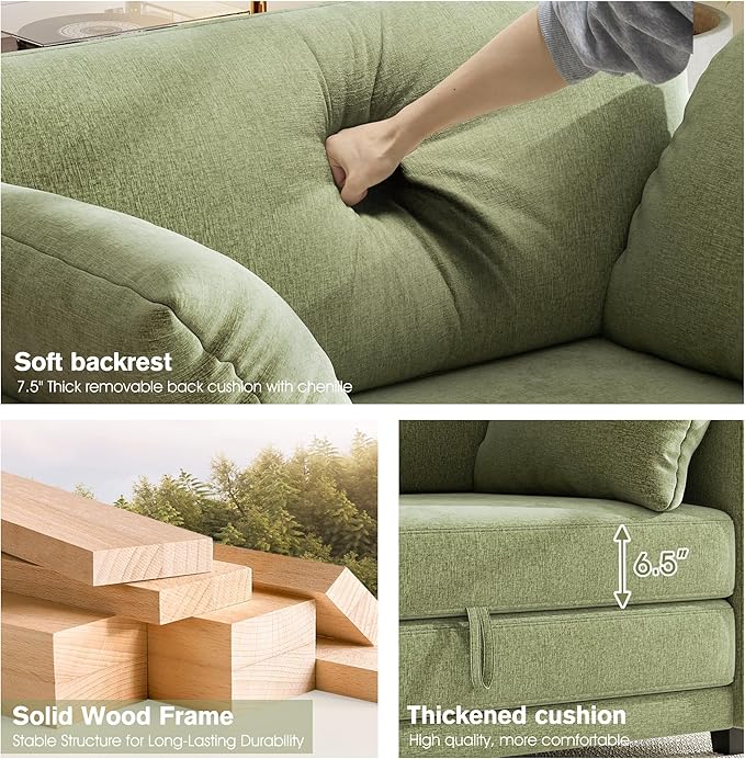 kakuboohi 51" Loveseat Sleeper Sofa Bed, Chenille Convertible Floor Sofa Bed for Small Spaces, Folding Couch Bed with Deep Seat, 2 Pillows & Solid Frame, Pull Out Floor Couch for Living Room, Green