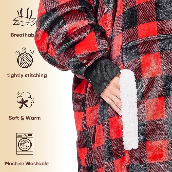 yescool Wearable Blanket Hoodie, Flannel Sherpa Fleece Blanket Sweatshirt for Adults Women Men,One Size Fits All