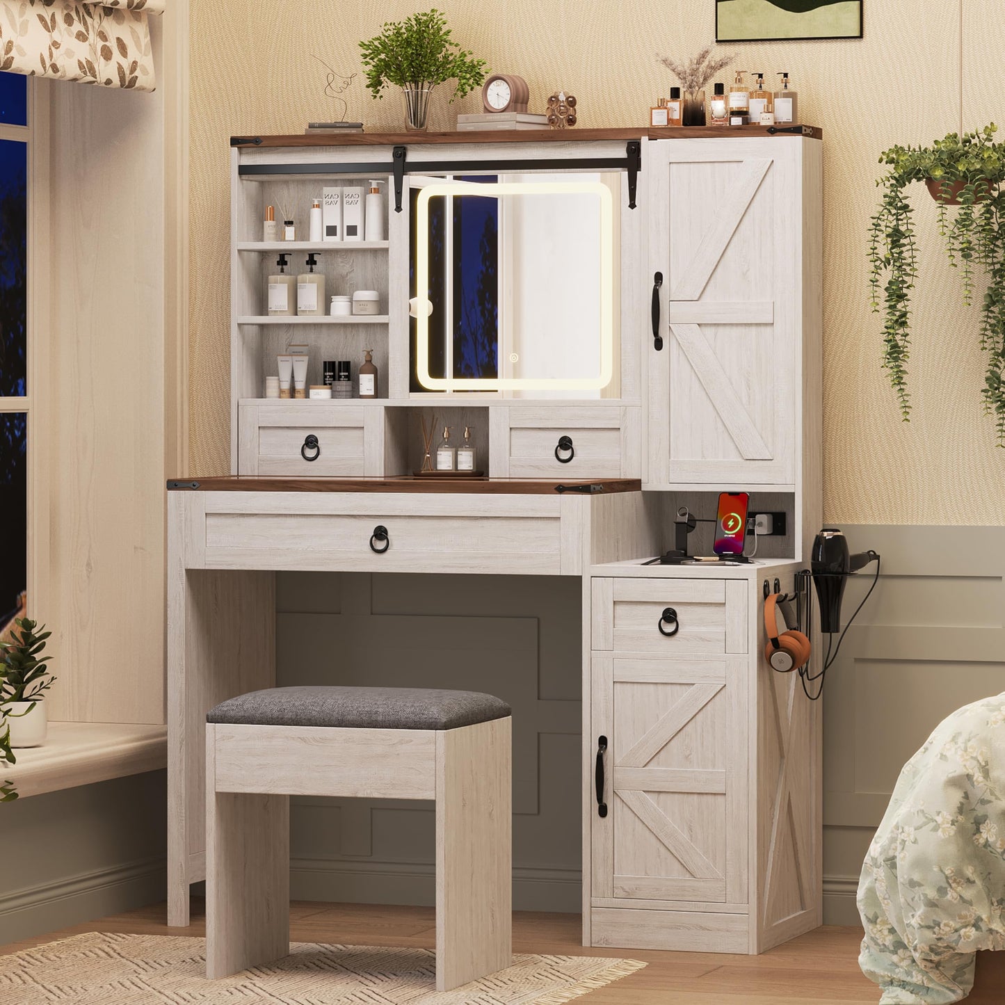 Merax Farmhouse Vanity Desk with Sliding Mirror and Lights, Elegant Dressing Table with Stool for Bedroom, Makeup Vanity Table & Glass Top Drawers and Charging Station, White
