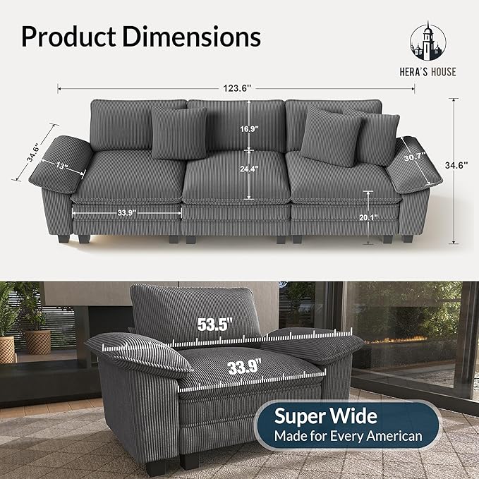 HERA'S HOUSE 124" Modular Sectional Sofa, Oversized Couches for Living Room, Comfy Cloud Couch 3-Seater Deep Seat Sofa with Throw Pillow, Corduroy Grey