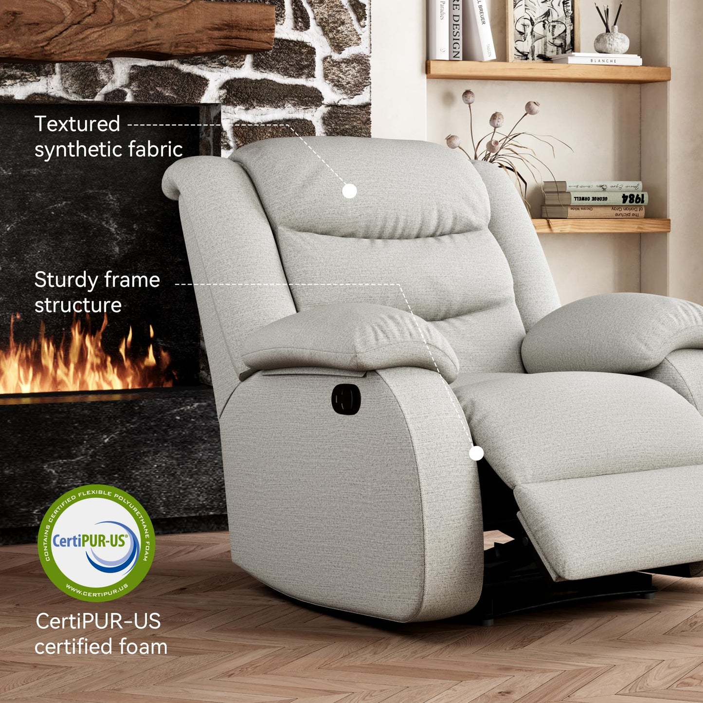 Erdoru Oversized Fabric Recliner Chair, Overstuffed Manual Recliner Chair Single Sofa with Comfortable Arm and Backrest, Comfty Home Theater Seating for Living Room, Meeting Room, Bedroom, Light Grey