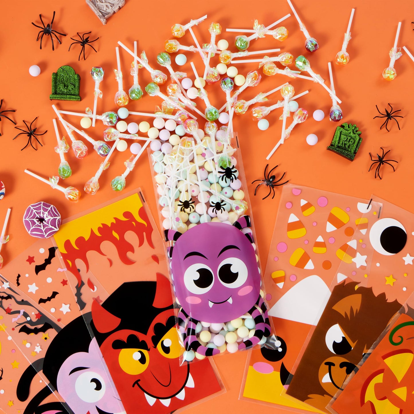 JOYIN 108 Pcs Halloween Cellophane Bags for Sweet Candy Treat, Goodie Gift Bags Bulk with Twist Tie for Kids Trick or Treating, Halloween Day Table Decor and Party Favor Supplies in 12 Designs