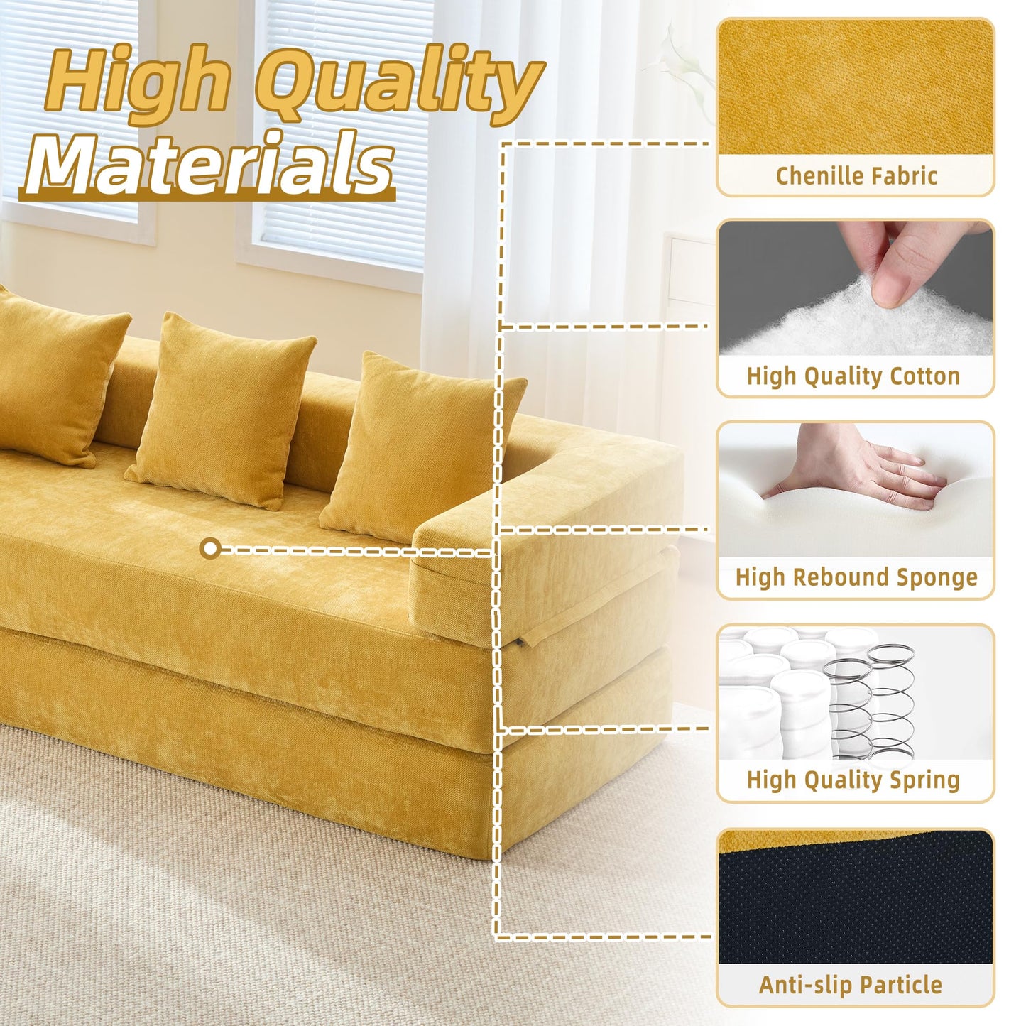 ZEIINPA Convertible Floor Sofa Bed with Storage Pocket, Chenille Folding Mattress Sofa with Zipper Closure, Floor Lounge Couch for Living Room, Bedroom, Studio -Yellow