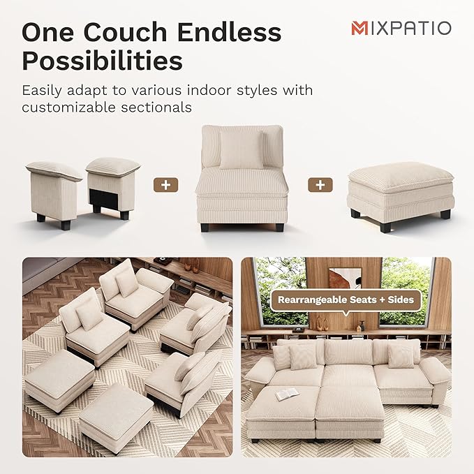 MIXPATIO 157-Inch U Shaped Sectional Sofa with Cloud Cushions, Deep Seat Modular Couch Set w/ 6 Seats & 2 Ottomans, Removable Arms, Plush Corduroy Upholstery for Living Room, Apartment - Beige