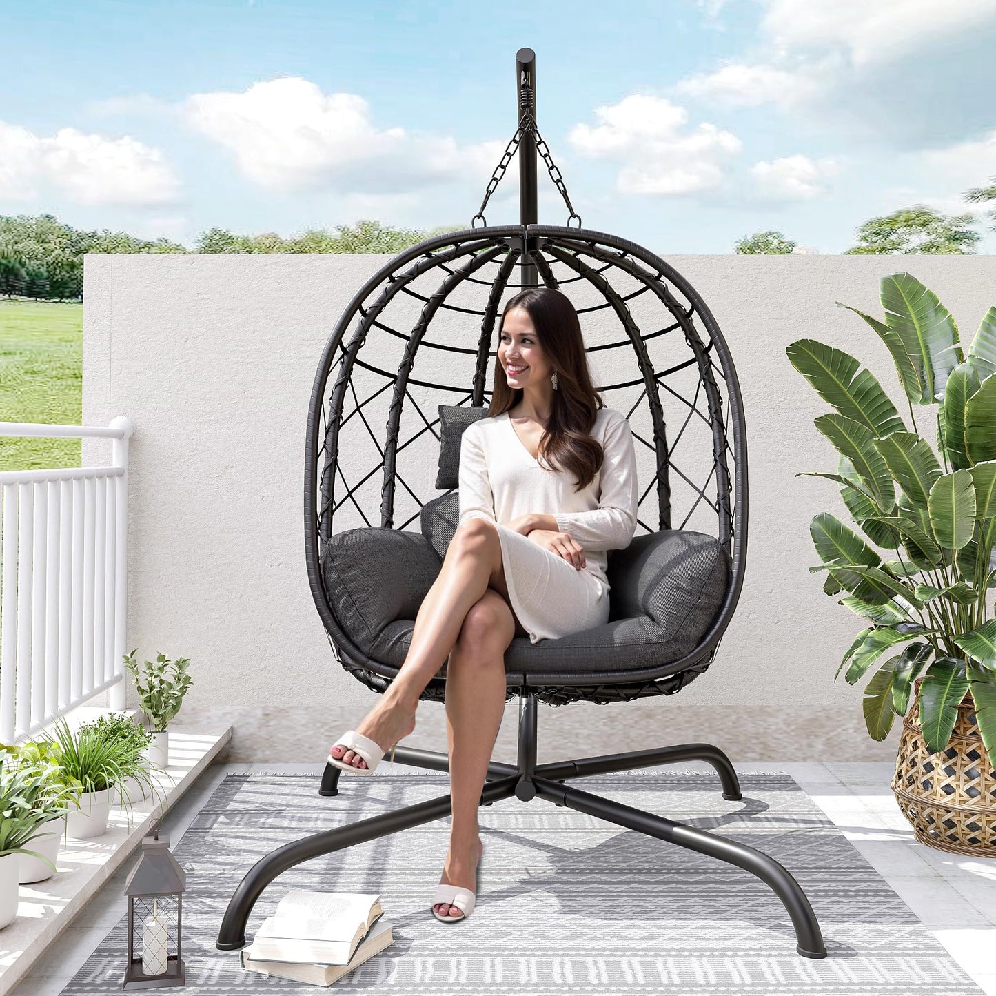 CHINNLUU Outdoor Hanging Egg Chair Outdoor Foldable Wicker Swing Chair with Stand UV Resistant Cushion 350lbs Capacity for Patio, Garden and Balcony