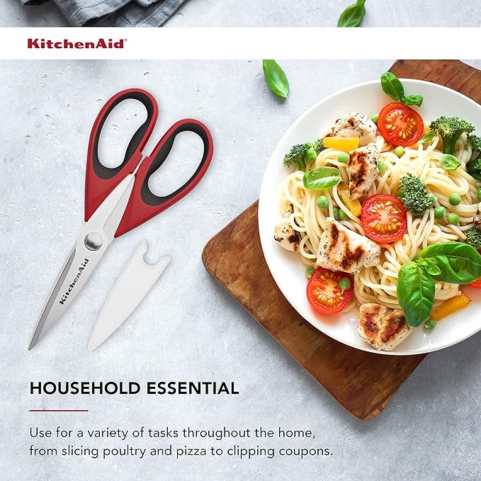 KitchenAid All Purpose Kitchen Shears with Protective Sheath Durable Stainless Steel Scissors, Dishwasher Safe, Soft Grip Comfort Handle, 8.72 Inch, Red