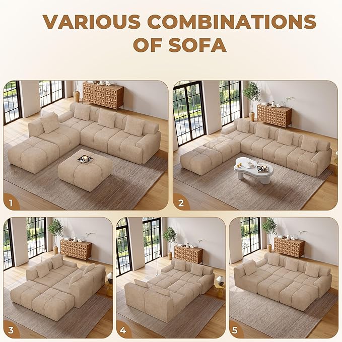 135" Modern L Shaped Modular Sectional Sofa, 6 Seater Convertible Chenille Cloud Couch Sofa Set, Boneless Couches for Living Room with Ottoman, No Assembly Required, Brown