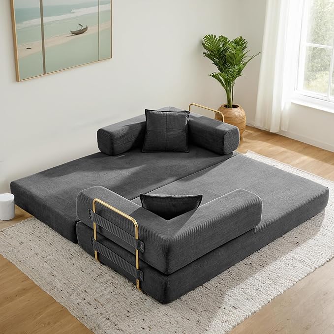 Convertible Couch Sofa Bed Foldable Floor Sleeper | Modern Deep Seat Fold Out Couch | Removable Backrest & Armrests | No Assembly Compression Sofa Sleeper for Living Room, Bedroom | Corduroy Gray