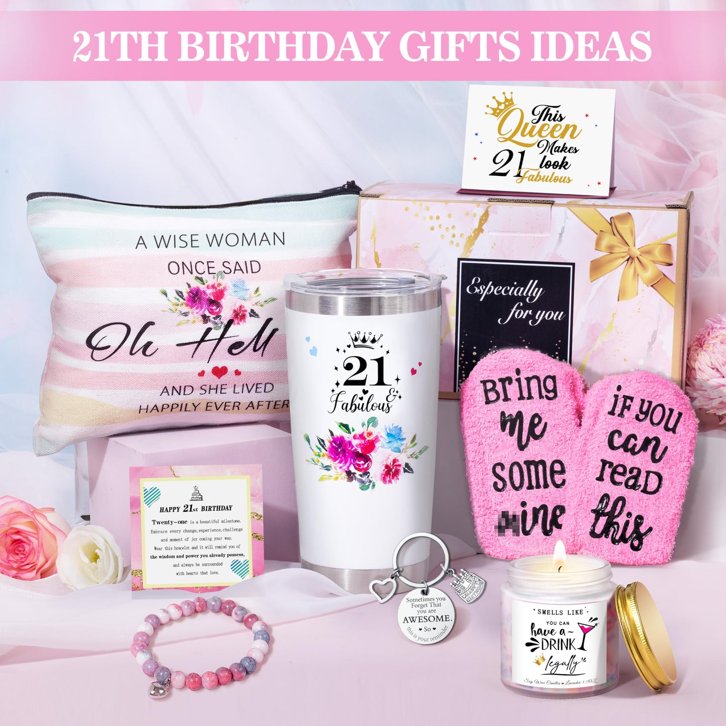 ShinnyWis 21st Birthday Gifts for Her Women,Happy 21st Birthday Basket Gifts Box for Her Daughter Sister Girlfriend,Tumblers Gifts Set for 21 Year Old Women,Funny 21 Birthday Gifts Ideas