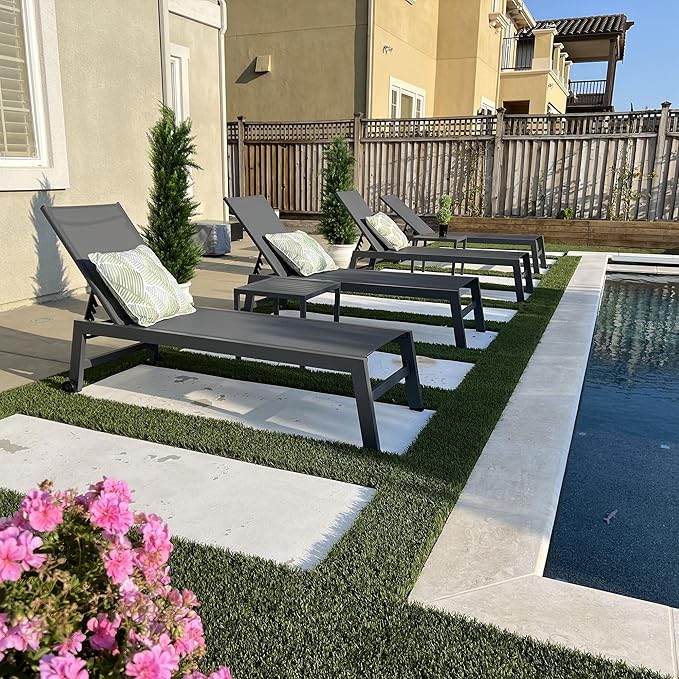PURPLE LEAF Patio Chaise Lounge Set for 2 Outdoor Chaise Lounge Chair with Aluminum Frame and Easy-to-Move Wheels Pool Lounge Chairs for Deck Yard Poolside Table Included, Charcoal Grey
