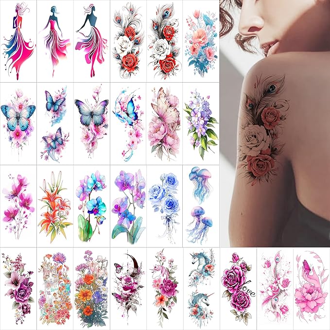 Watercolor Temporary Tattoos｜Women-Exclusive Tattoos (with Florals, Butterflies, Jellyfish, Beauties & More)｜Hyper-Realistic Fake Tattoos, Top Choice for Parties, Parent-Child & Beach