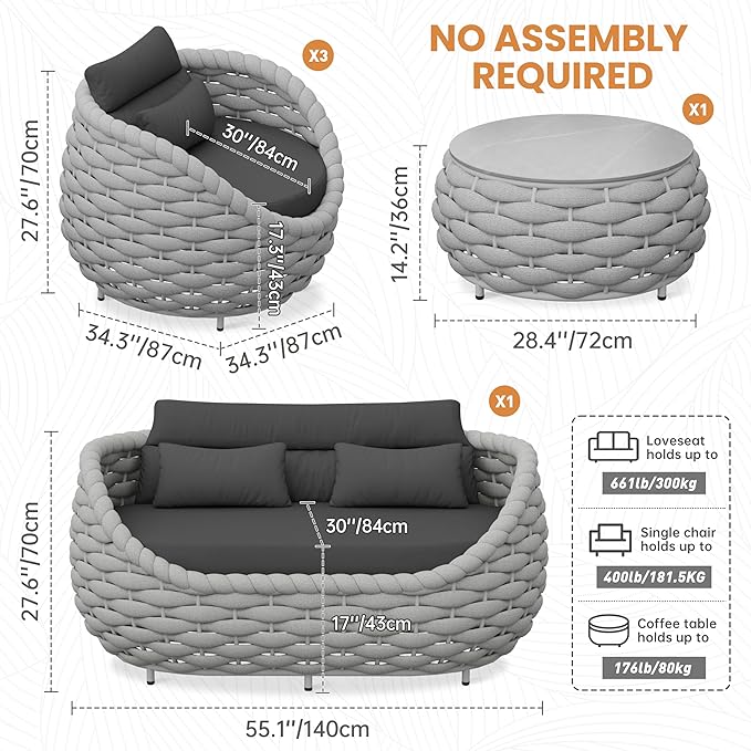 Erotr Fully Assembled Patio Furniture Set: 5-Piece Woven Rope Outdoor Conversation Set Cushioned - Modern Metal Deck Loveseat Chair Table Set - Porch Seating for Courtyard Garden Poolside Hotel Resort