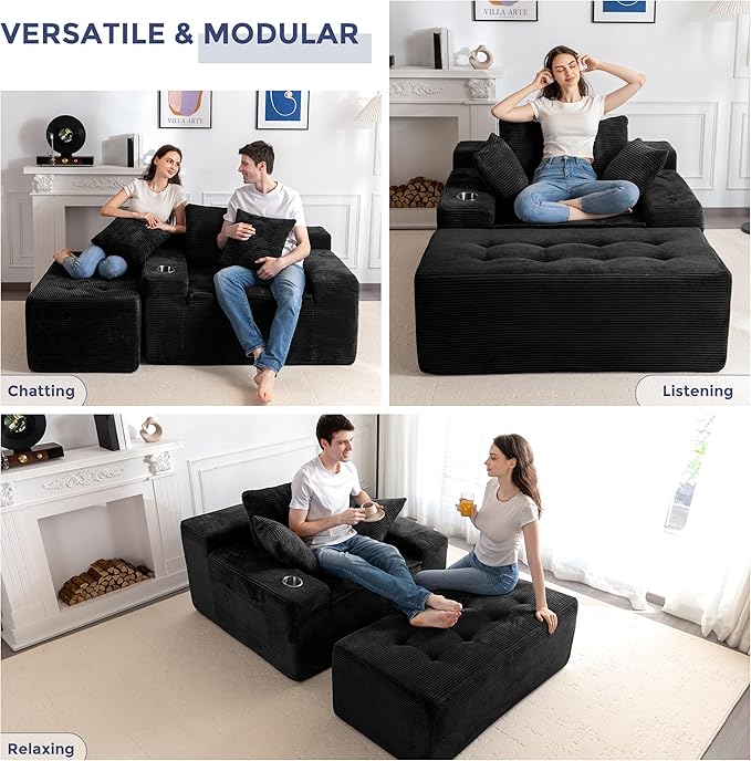 MAXYOYO Modular Sectional Chaise Lounge Sofa, Upholstered Lounge Chair with Pillows Indoor, Tufted Boneless Sofa Couch with Ottoman, Deep Seat Sleeper Chair for Living Room, No Assembly, Black