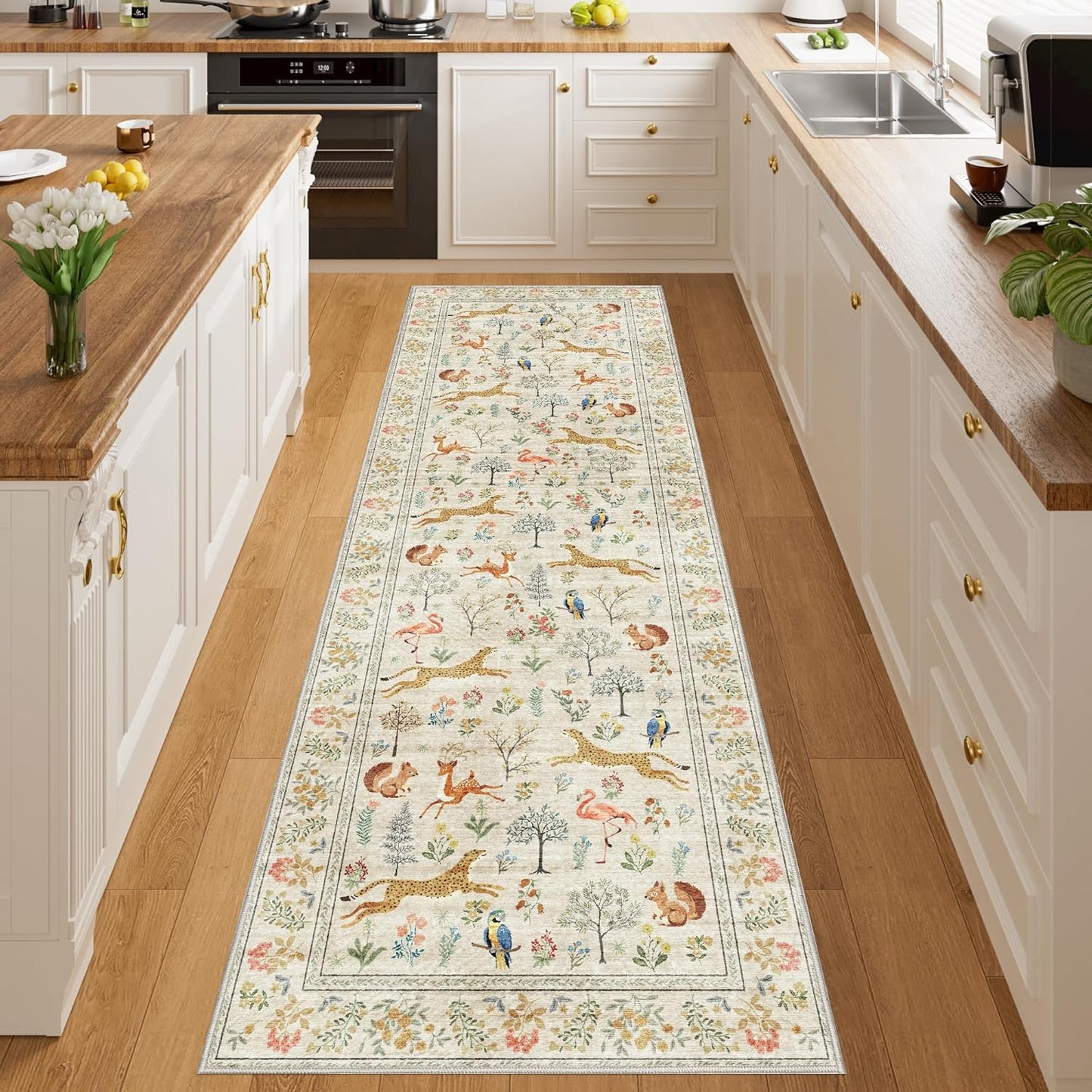 DUKINO 2x10 Rug for Hallway, Washable Kitchen Runner Rug with Non Slip Backing, Soft Low Pile Vintage Animal Runner for Bedroom, Kitchen, Hallway, Entryway, Laundry, White