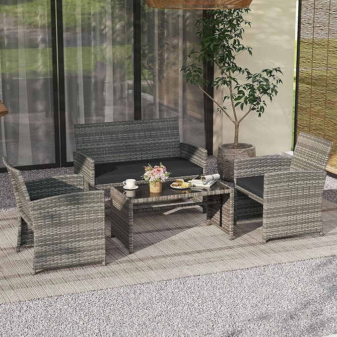 Tangkula 4 Piece Patio Wicker Furniture Set, Outdoor Heavy Duty Rattan Cushioned Chairs, Loveseat and Tempered Glass Coffee Table, for Backyard, Balcony, Poolside (Black)