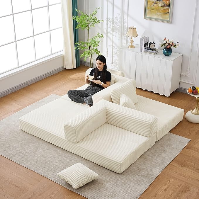 79.5" Folding Convertible Sofa Bed with Side Storage Pockets, 4-in-1 Corduroy Boneless Couch, No Assembly Loveseat Sleeper, Floor Sofa Daybed Futon Couch for Living Room Bedroom Lounge, Beige Upgraded