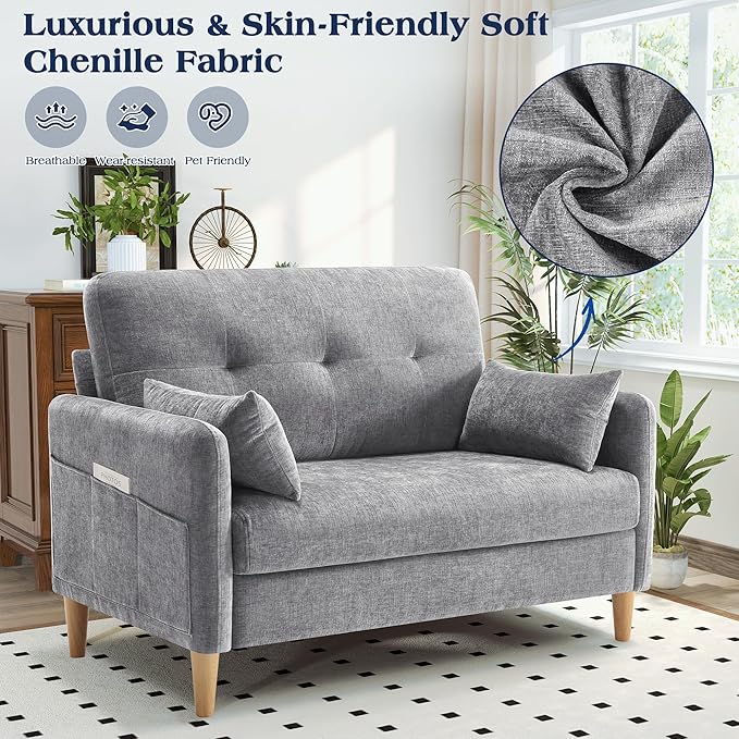 Hanherry Loveseat Sofa, 47” Small Couch for Living Room, Comfy Chenille Fabric Love Seat for Bedroom with Throw Pillow,Removable Cushion Cover,Couches for Small Space,Apartment,Dorm