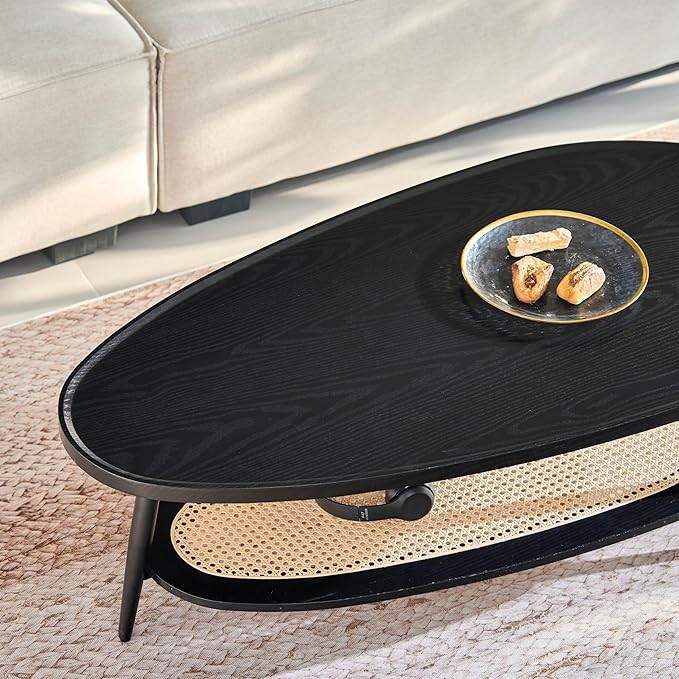 Saint Mossi Oval Wood and Rattan Coffee Table for Living Room, Mid-Century Modern Wood Coffee Table, Center Table for Small Space, Black and Rattan Board, D47xW23.6xH15