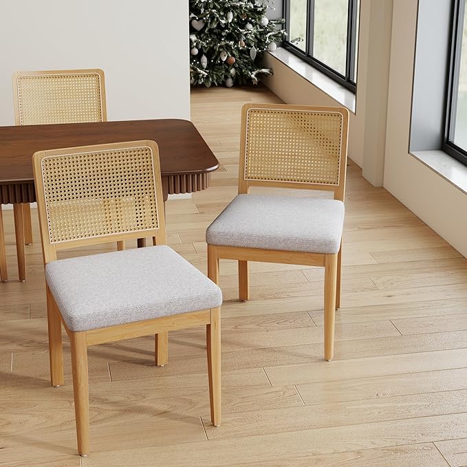 LukeAlon Set of 4 Mid Century Dining Chairs - Farmhouse Style with Woven Cane Back, Plush Chenille Upholstered Seats, Solid Wood Legs, Comfortable Kitchen & Dining Room Chairs, Grey