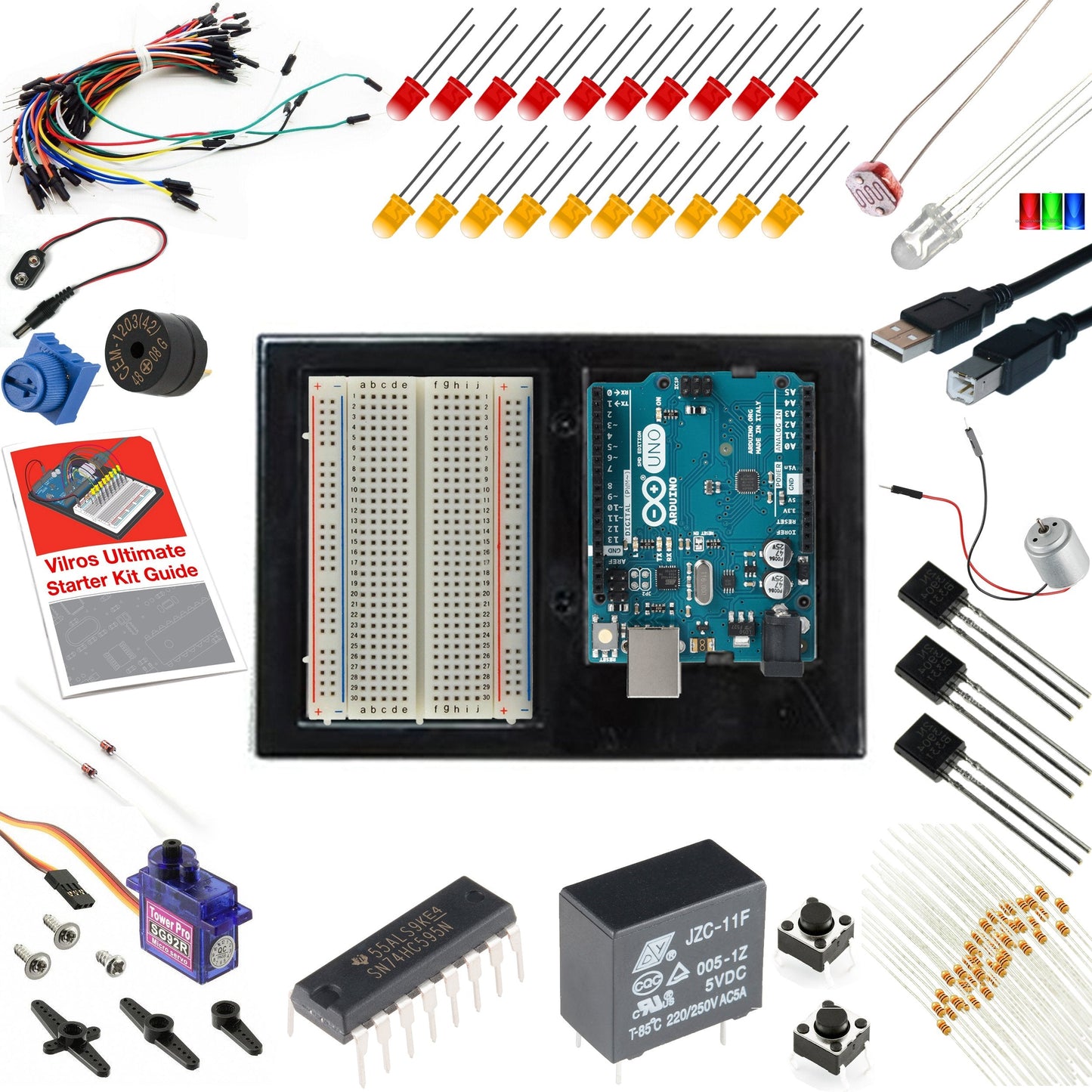 Vilros Arduino Uno Starter Kit - Includes Arduino Uno R3 Board, 190+ Electronics Components, Breadboard, Jumper Wires, DC Motor, Servo, Relay, Full-Color 72 Page Manual [190+ Pieces]