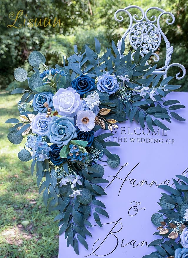 Wedding Arch Flowers, Artificial Floral Decor for Wedding Ceremony & Reception, Standard Size Large Flower Swag Set for Backdrop & Welcome Sign, Pack of 2 (Gray Blue)