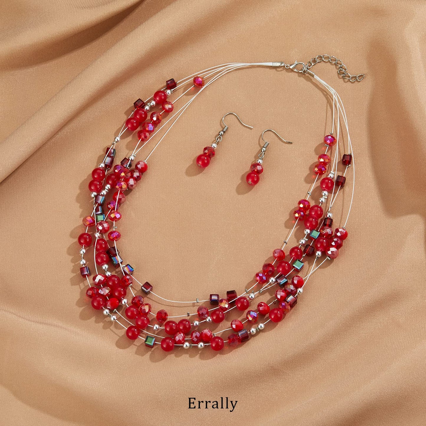 Layered Chunky Statement Necklace for Women Colorful Boho Beaded Necklaces and Earring Set Fashion Costume Jewelry for Women(Red