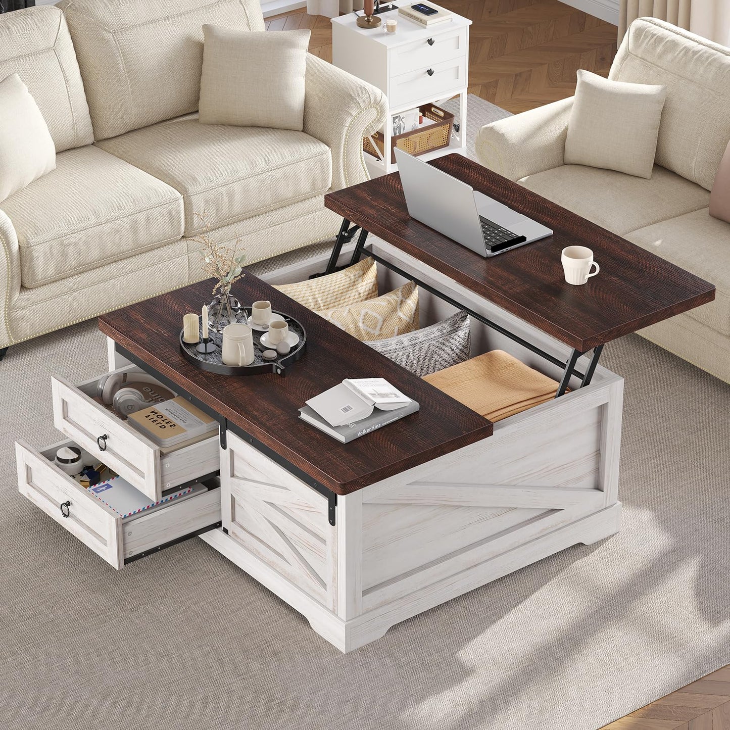 Itaar 39.4'' Lift Top Coffee Table with Storage, Farmhouse Coffee Tables for Living Room, Square Coffee Table with Large Hidden Compartment & 2 Drawers & Adjustable Shelves, White