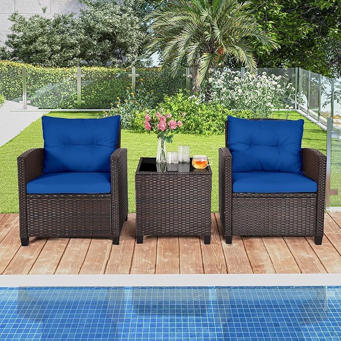 ORALNER 3 Pieces Patio Furniture Set, Outdoor Wicker Conversation Set Rattan Chairs with Cushions, Glass Coffee Table, Bistro Set for Front Porch Balcony Garden Deck Poolside (Navy)