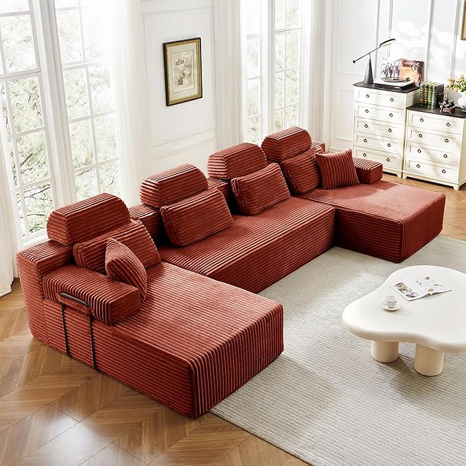 141" U-Shaped Cloud Modular Sectional Sofa with Chaise & Headrest, Boneless Deep Seat Plush Corduroy Couches for Large Living Room, No Assembly Required (Orange, 141" U-shapred Chaise)