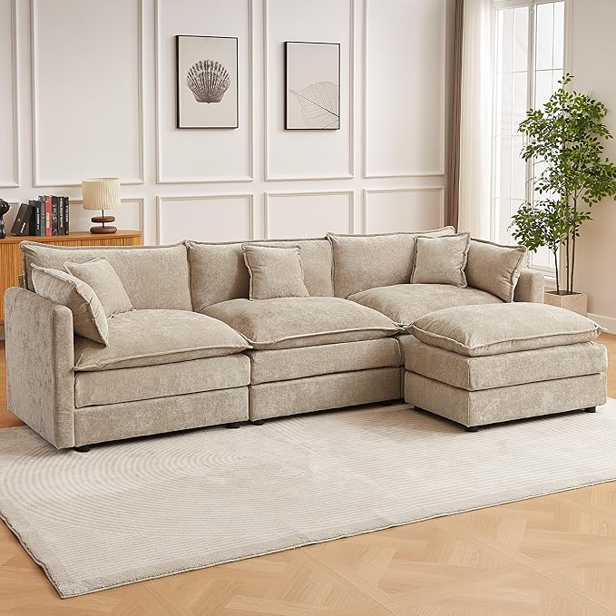 saows Modular Sectional Sofa, 112.2 Inch L Shaped Couch Set with Armrests, 3-Seater Comfy Cloud Couches for Living Room Apartment, Coffee