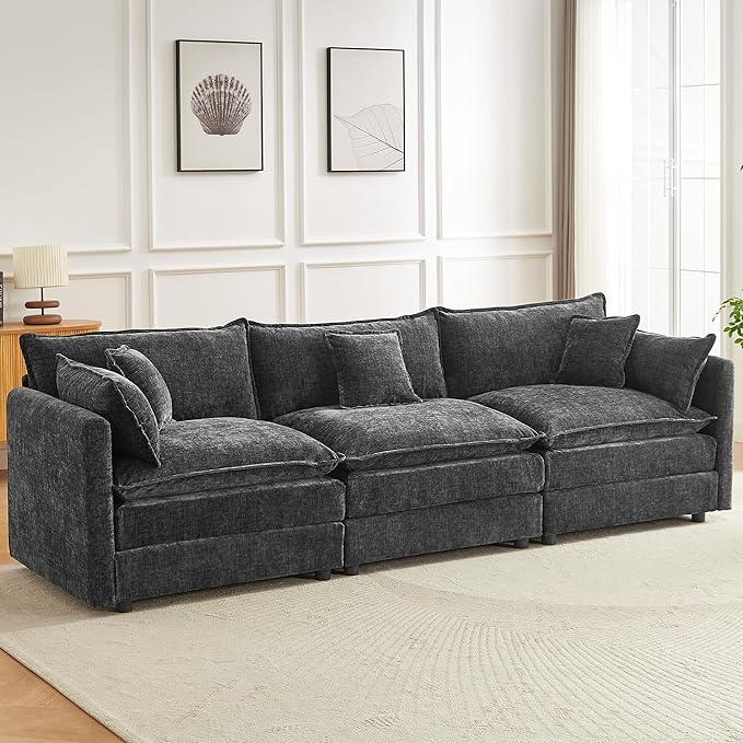 saows Modular Sectional Sofa, 112.2 Inch Rectangle Shaped Couch Set with Armrests, 3-Seater Comfy Cloud Couches for Living Room Apartment, Grey