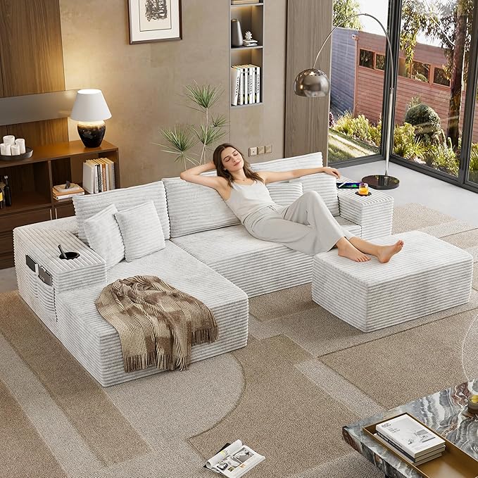 Cibert 104.3" Modular Sectional Sofa with Ottoman, Beige Boneless Couch Left Facing Chaise U Shaped Couches with USB Ports, 2 Cup Holders, 2 Storage Bags & Lint Remover, No Assembly Sectional Couch