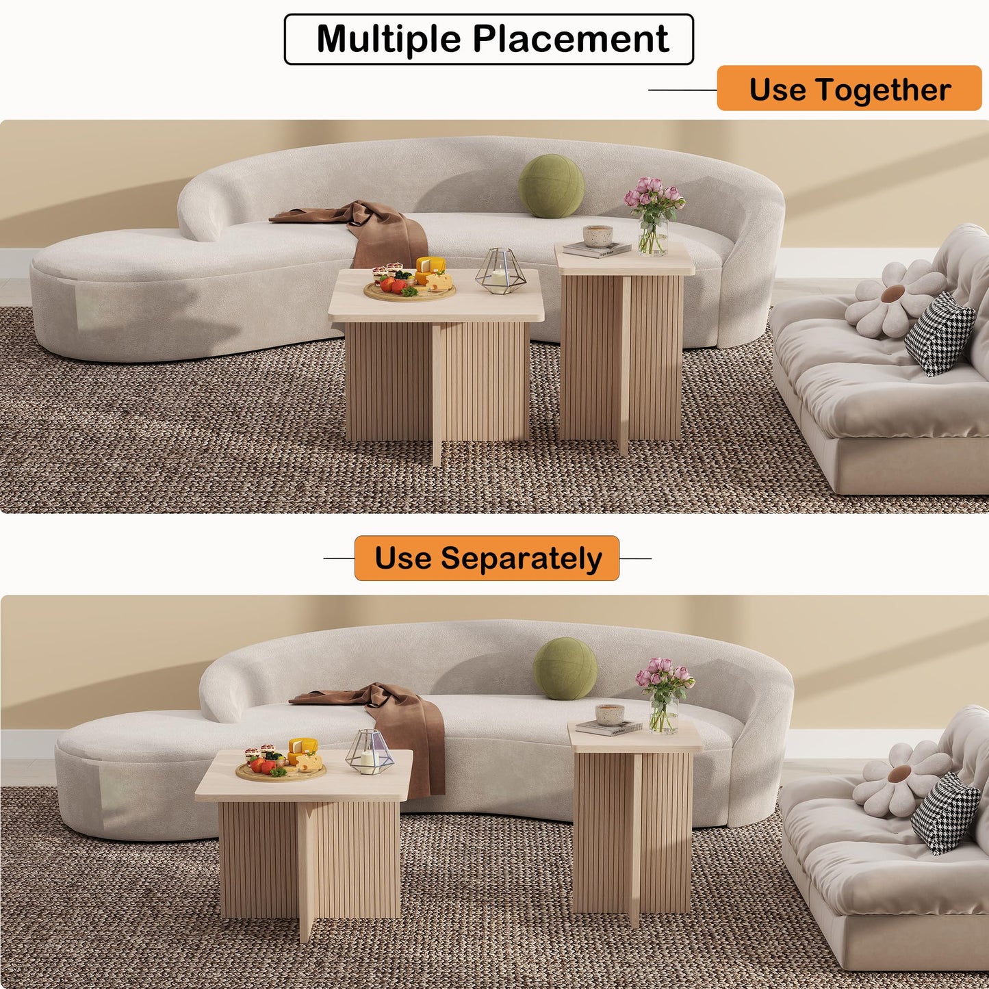 Oak Coffee Tables for Living Room: End Tables Set of 2 for Modern Small Side Spaces, Wooden Square Center Nesting Pieces with Fluted Wood Details (Oak)