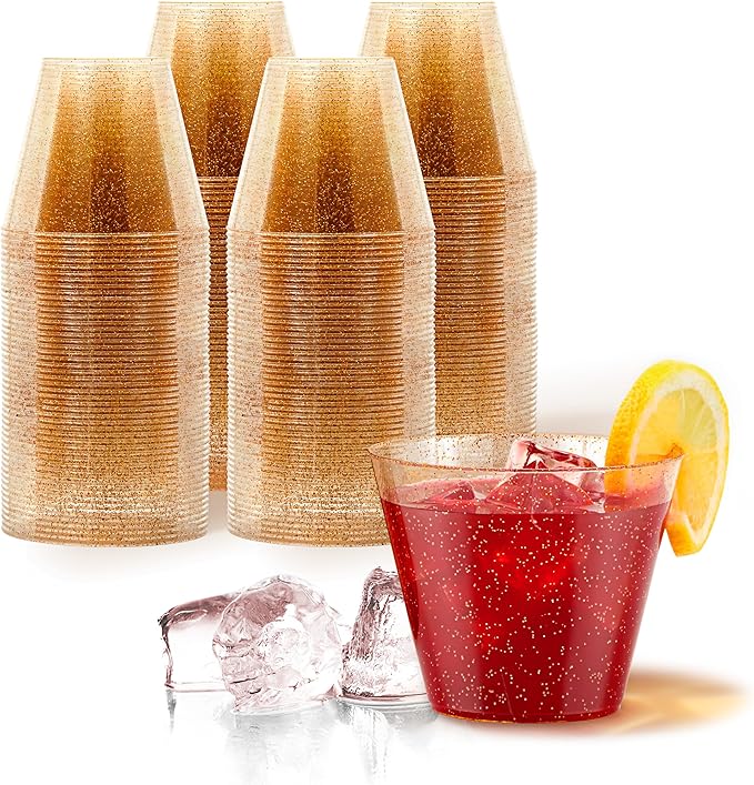 Stock Your Home 9oz Gold Glitter Plastic Cups (100 Pack), Elegant Party Cups for Birthday Parties, Weddings, and Holidays,...