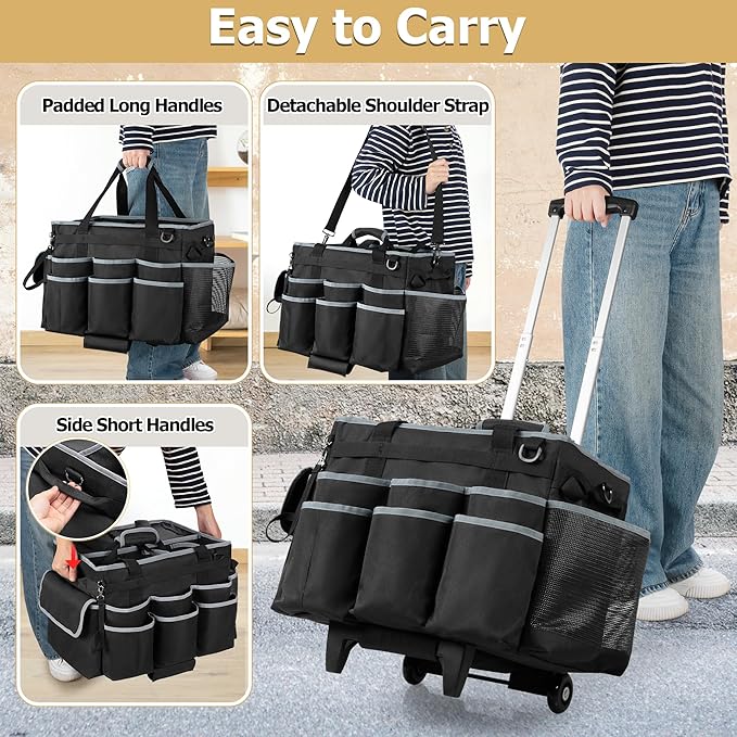 Large Cleaning Caddy with Detachable Trolley & Shoulder Strap, Cleaning Supplies Bag with Handles & Support Plates, Cleaning Product Rolling Organizer for Car Wash and Housekeeping