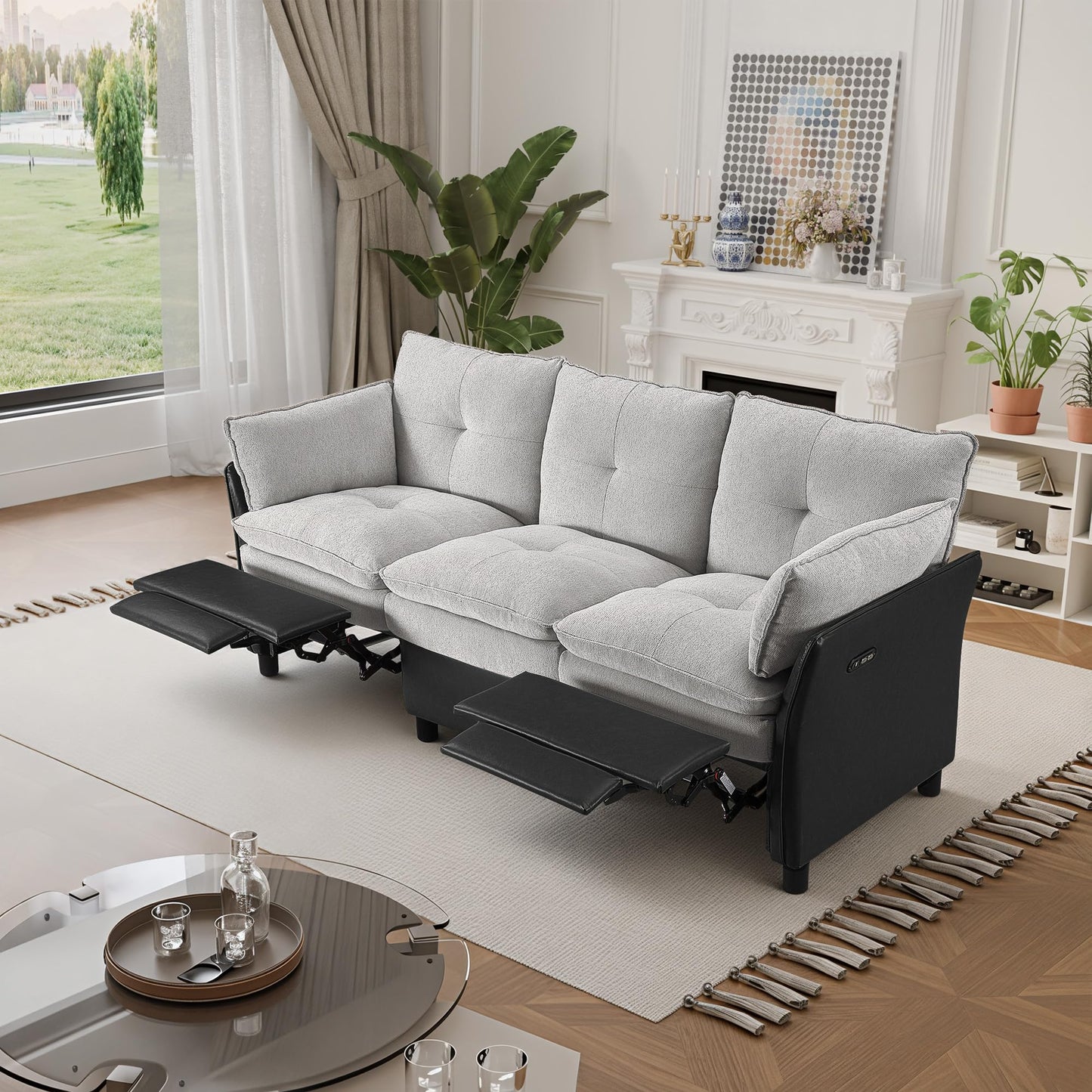 Casaphoria 3 Seater Electric Reclining Sofa, Modern Two-Tone Gray & Black with Double-Layer Seat Cushion, USB Port, Power Recliner for Living Room, Home Theater, Apartment