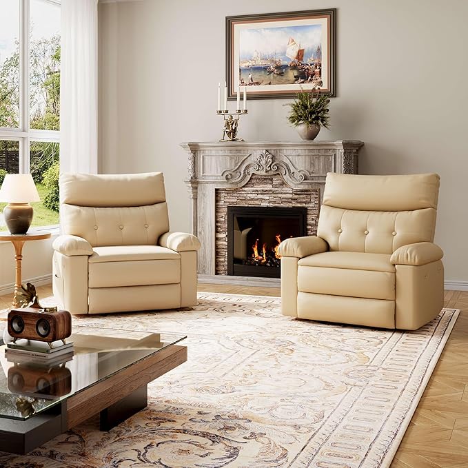 GarveeHome Oversized Wide Recliner Chair - Faux PU Leather Large Manual Recliner for Adults, Lazy Chair with 1.5X Sponge Comfort Arm and Back for Living Room, Bedroom - Cream