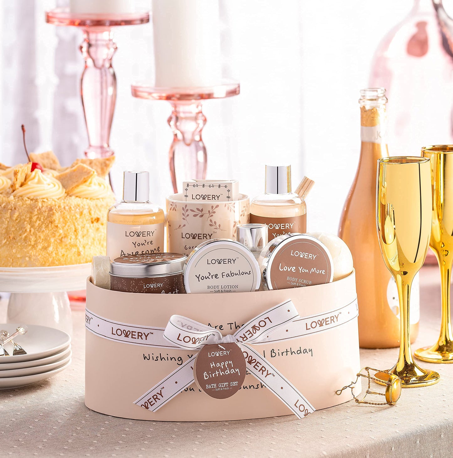 Birthday Gifts for Women, Birthday Gift Basket, Bath and Spa Gift Set for Women, Luxury Birthday Spa Gift Box, Vitamin E & Shea, Rich Bath Essentials in Coconut Scent, Happy Birthday Mug & More