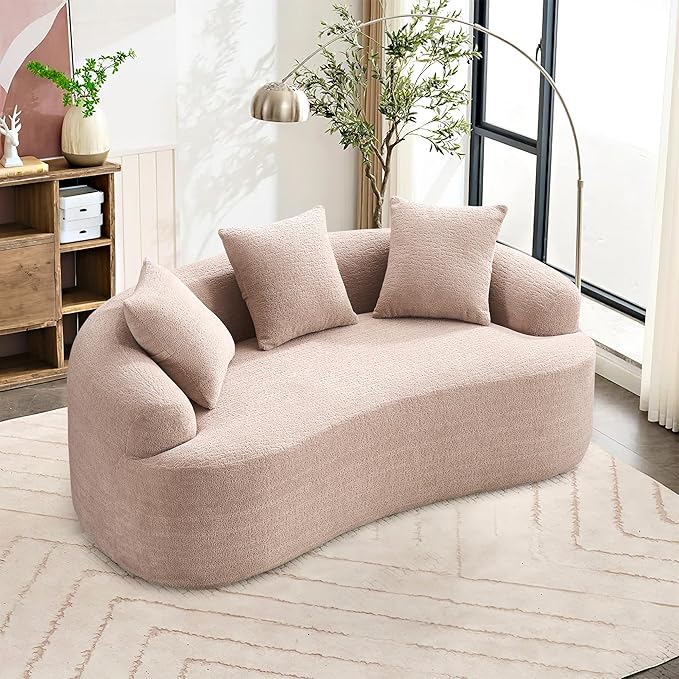 65'' Modern Curved Cloud Loveseat Sectional Sofa for Small Spaces, Luxury Plush Chenille Deep Seat Couch with 3 Pillows, No Assembly Needed Apartment Living Room Furniture, Apricot Cream