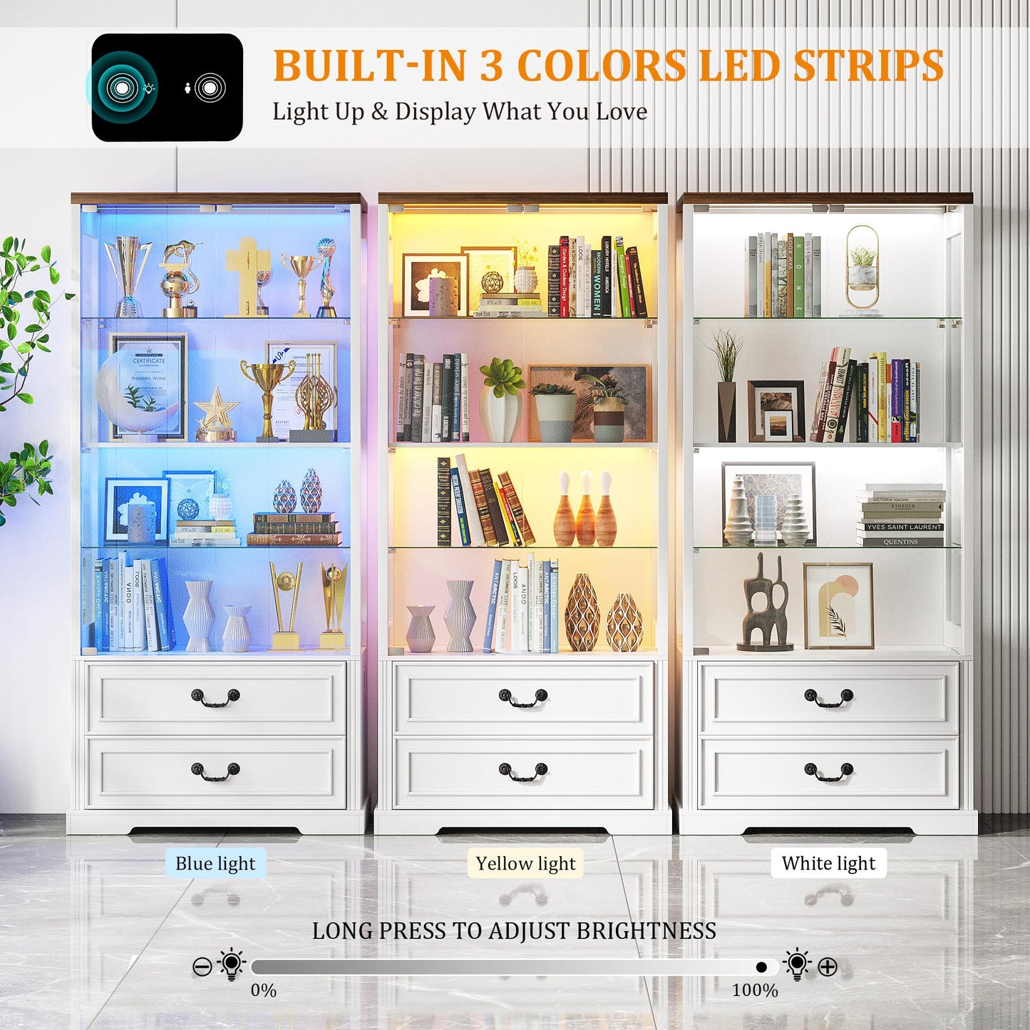 TAGELIER 67" Tall Display Cabinet with Glass Doors and 2 Drawers, Adjustable Glass Height Bookcase, Curio Cabinet with 3 LED Lights and Human Body Sensor (White)