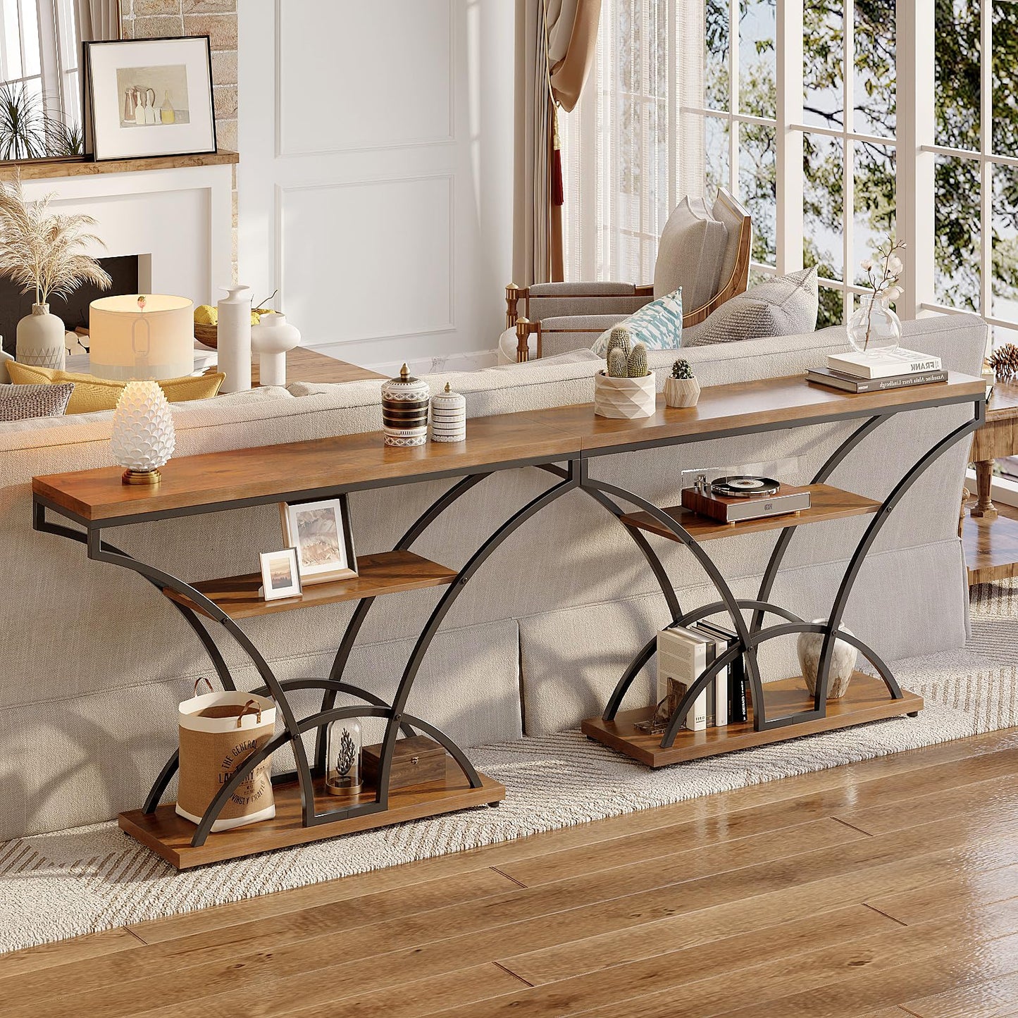 Espelism 47.2" Console Table for Entryway, 3-Tier Narrow Sofa Table with Curved Frame, Industrial Rustic Wood Accent Table with Storage Shelves for Hallway, Living Room, Foyer (Brown, 47.2")