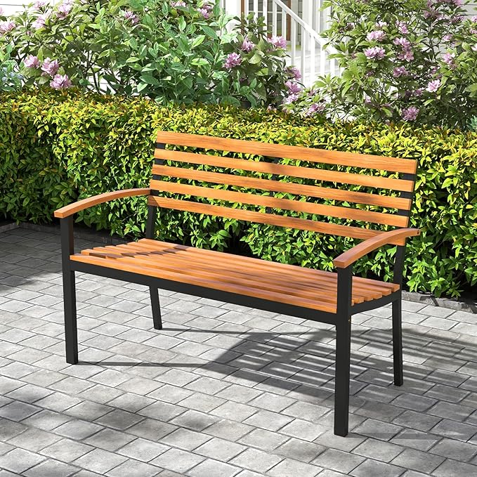 Tangkula 43" Outdoor Garden Bench, 2-Person Acacia Wood Bench with Heavy-Duty Metal Frame, Slatted Seat & Curved Armrests, 800 lbs Weight Capacity, Patio Bench for Porch, Yard, Balcony, Lawn