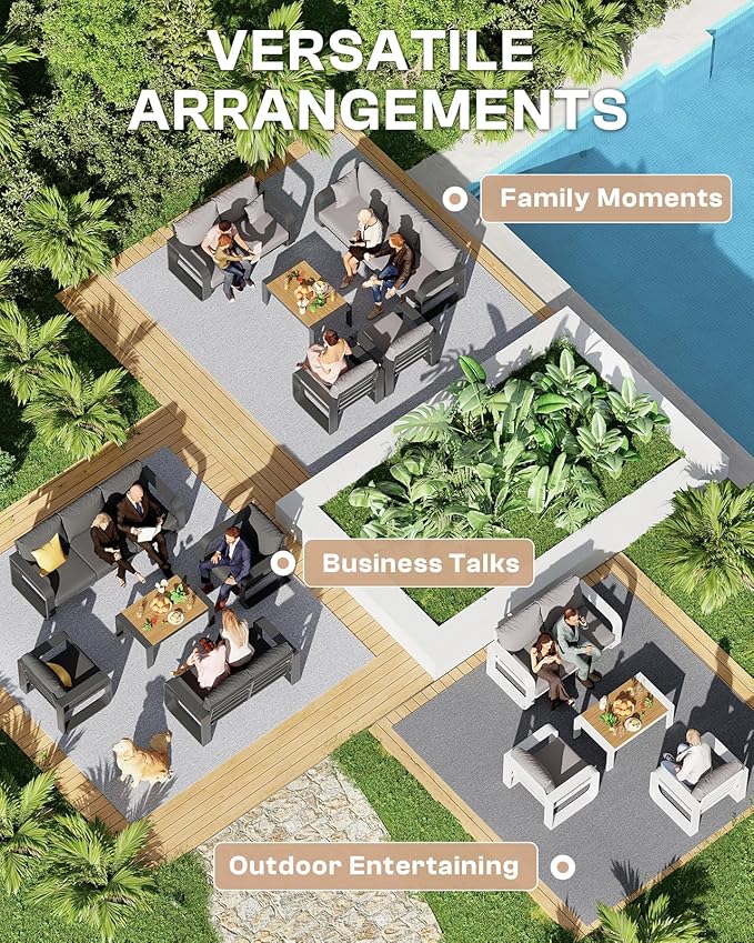 Aluminum Outdoor Patio Furniture Set, 5 Piece Oversized Patio Conversation Sets Widened Armrest & Ultra-Thick Cushions, Heavy Duty Modern Sectional Furniture for Backyard, Porch, White