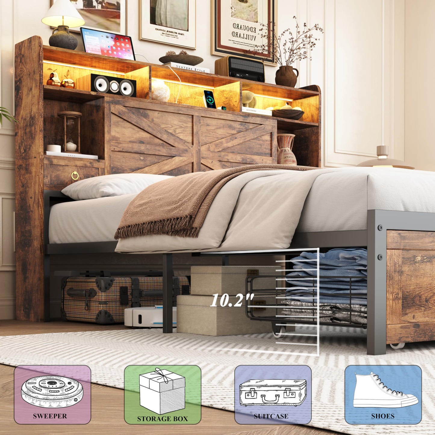 TIGUBFRE Full Bed Frame with 4 Drawers Bookshelf Headboard, Farmhouse Bed Frame with Charging Station & LED Lights, Metal Slats Support, Noise Free, No Box Spring Needed Rustic Brown