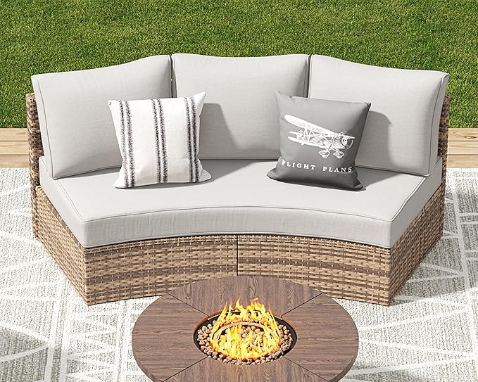Patio Furniture Sets, 3 Piece Half-Moon Sectional Round Sofa Set, Outdoor Patio Furniture with Cushions for Beach, Pool, Balcony, Beige