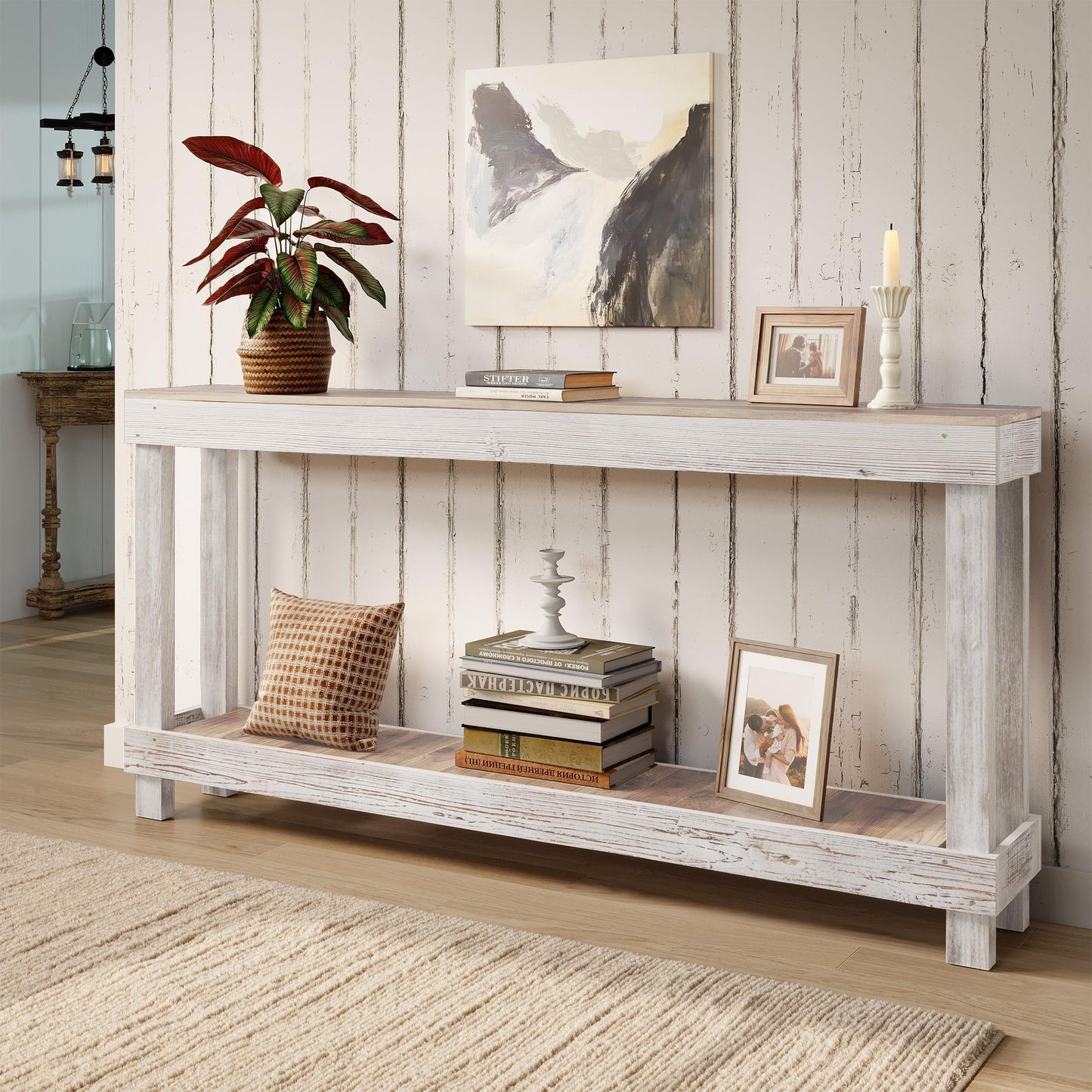 COSHOMER Rustic Farmhouse Console Table with 2 Tiers - Distressed Reclaimed Wood Entryway Sofa Table, Narrow Long Behind Couch Table for Living Room & Bedroom,46x28x10 Inch,Classic White