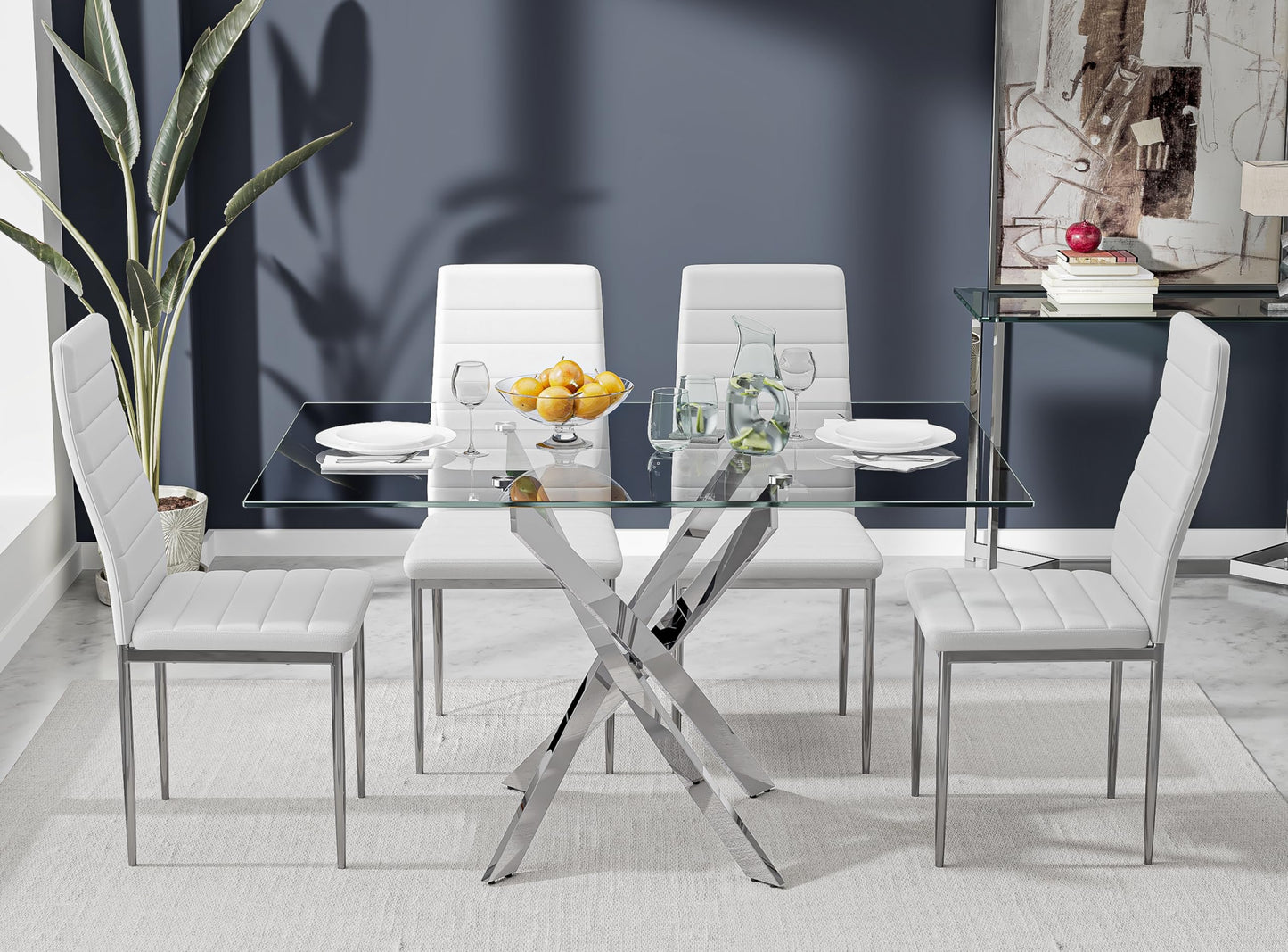 NIERN 5 Piece Dining Table Table Set, Tempered Glass Dining Table Set for 4 Kitchen Table Set with 4 Upholstered Chairs for Kitchen Dining Room (Sliver Table with White Chair)