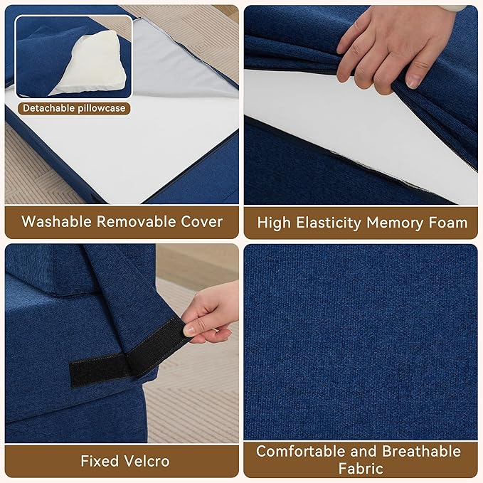 WUTUTUEE Folding Sofa Bed Convertible Floor Couch Foldable Chair Bed with Pillow，Linen Sleeper Chair Futon,Foldable Memory Foam Mattress for Bedroom/Living Room/Dorm/Office (Navy, Single)