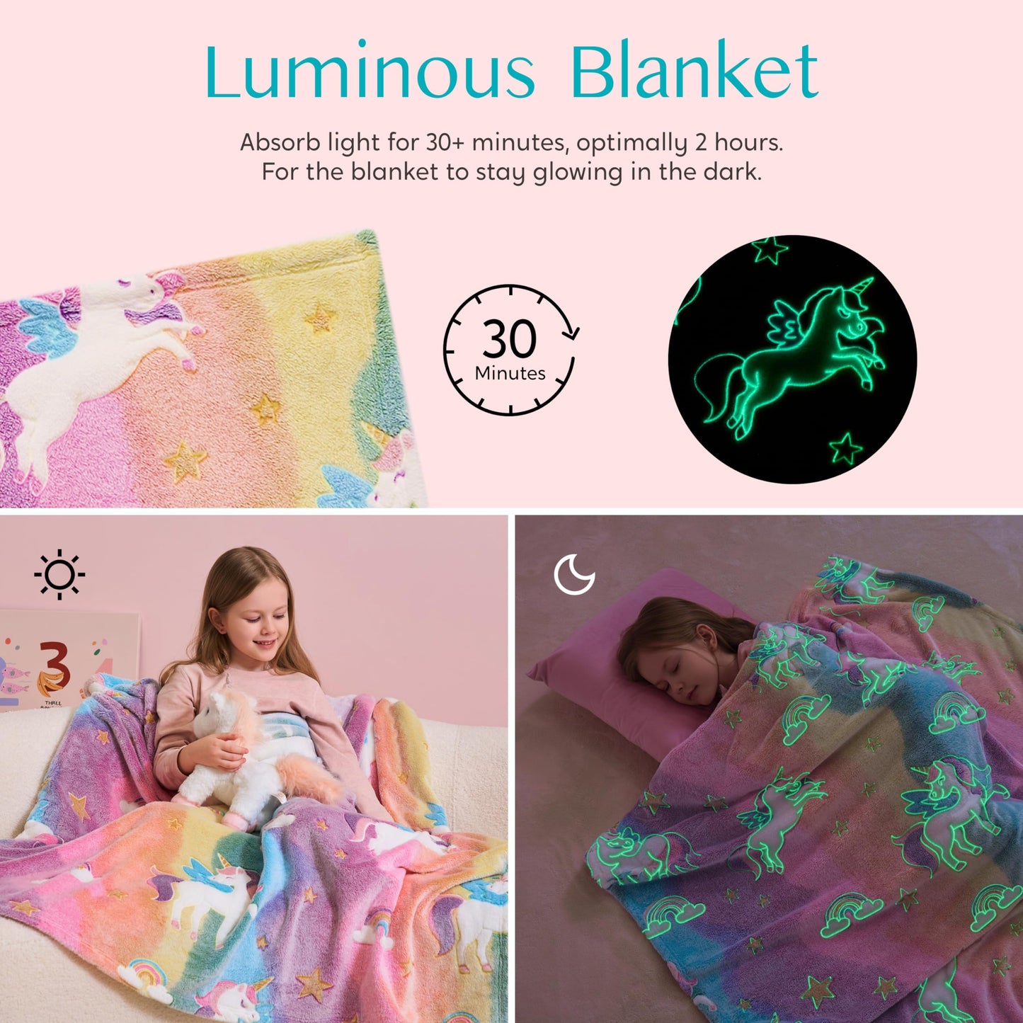 Joiedomi Glow in The Dark Blanket - Unicorns Gifts Toys for Girls Age 2 3 4 5 6 7 8 9 10 11 12 Year Old - Soft Cozy Flannel Kids Throw Blanket, Birthday Bedroom Decor 50"×60"